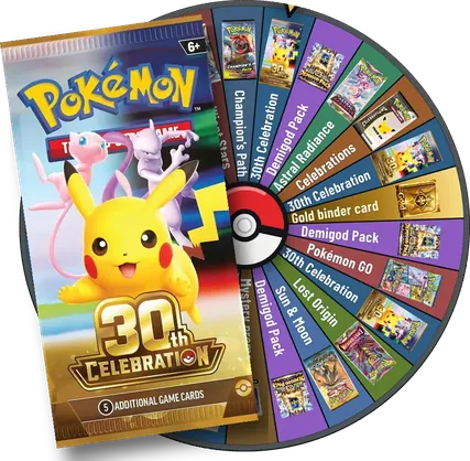 A 30th Celebration booster pack in front of the prize wheel